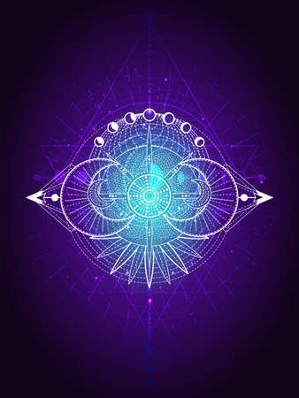 Vector illustration of Sacred geometry symbol on abstract background. Mystic sign drawn in lines. Image in purple color. For you design or magic craft.のイラスト素材