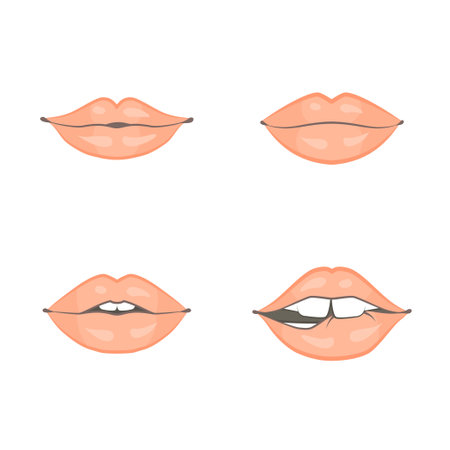 Vector set of four women different beautiful lips. Isolated object on white background. Color image.のイラスト素材