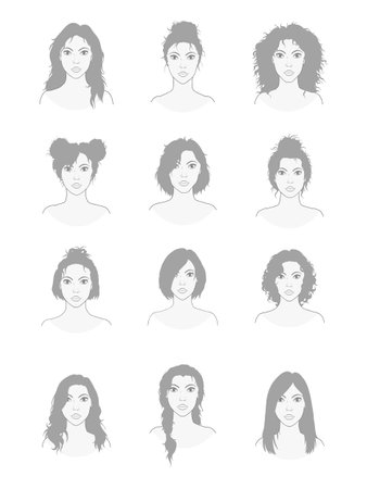 Vector set of twelve different hairstyles women. Sketch style illustration. Hand drawn. Isolated on white background.のイラスト素材