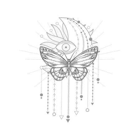 Vector illustration with hand drawn butterfly and Sacred geometric symbol on white background. Abstract mystic sign. Black linear shape.のイラスト素材
