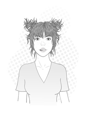 Vector illustration of a beautiful young woman with modern hairstyle and freckles on a white background. Monochrome image.のイラスト素材