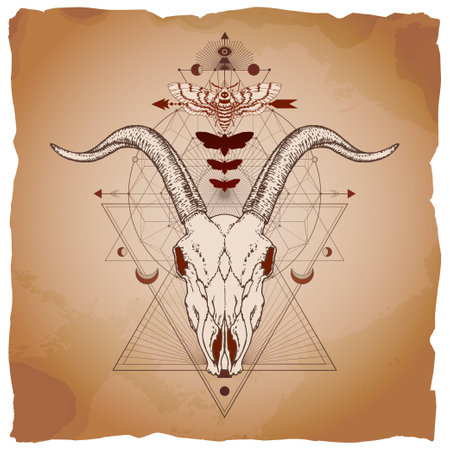 Vector illustration with hand drawn goat skull, dead head moth and Sacred geometric symbol on vintage paper background with torn edges. Abstract mystic sign. Image in sepia and red color.のイラスト素材