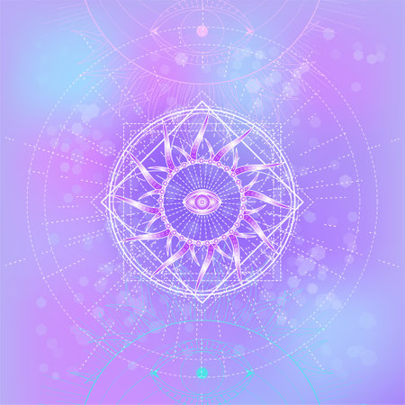 Vector illustration of Sacred geometry symbol on abstract background. Mystic sign drawn in lines. Image in purple color.のイラスト素材