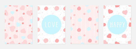 Valentine day cards with watercolor hearts, grunge elements and hand drawn lettering. Vector backgrounds set.のイラスト素材