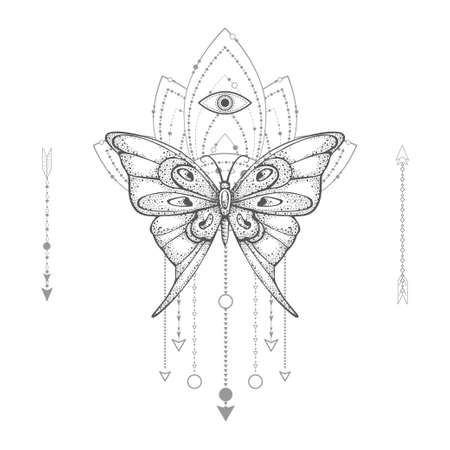 Vector illustration with hand drawn butterfly and Sacred geometric symbol on white background. Abstract mystic sign. Black linear shape. For you design, tattoo or magic craft.のイラスト素材