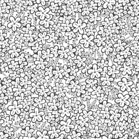 Vector seamless pattern with hand drawn flowers. Floral monochrome backgrounds.のイラスト素材
