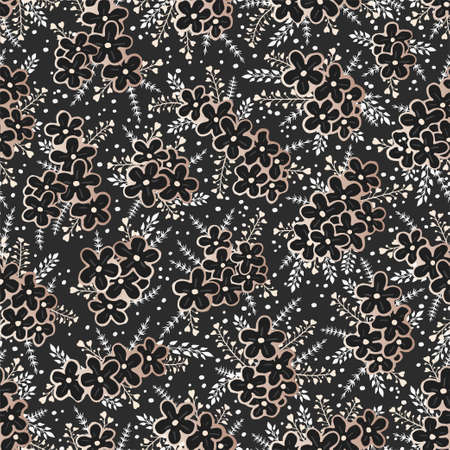 Vector seamless pattern with hand drawn gold flowers. Floral black backgrounds.のイラスト素材
