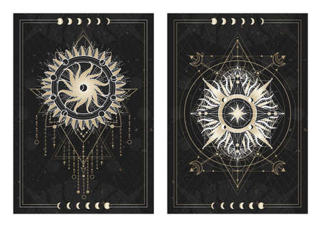 Vector dark illustrations with sacred geometry symbols, grunge textures and frames. Images in black, white and gold.のイラスト素材