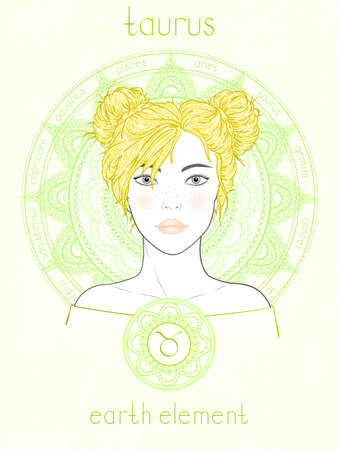 Vector illustration of Taurus zodiac sign, portrait beautiful girl and horoscope circle. Earth element. Mysticism, predictions, astrology.のイラスト素材