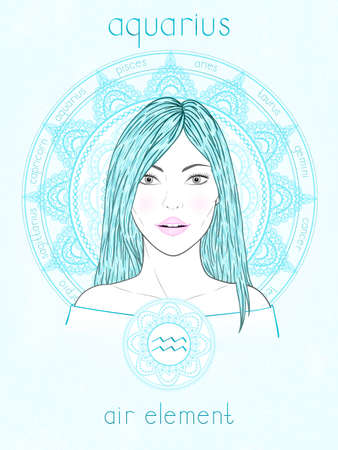 Vector illustration of Aquarius zodiac sign, portrait beautiful girl and horoscope circle. Air element. Mysticism, predictions, astrology.のイラスト素材