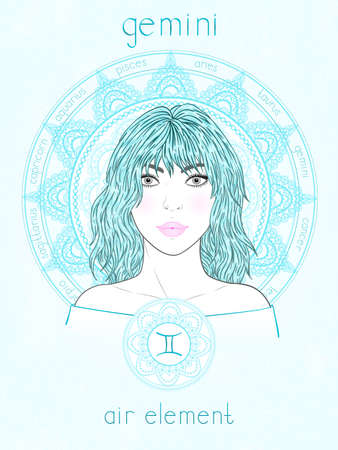 Vector illustration of Gemini zodiac sign, portrait beautiful girl and horoscope circle. Air element. Mysticism, predictions, astrology.のイラスト素材