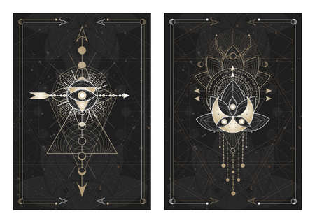 Vector dark illustrations with sacred geometry symbols, grunge textures and frames. Images in black, white and gold.のイラスト素材