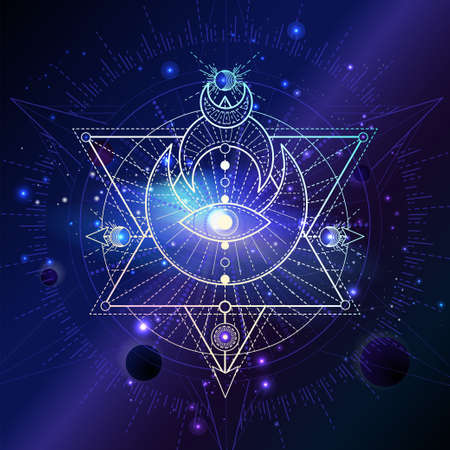 Vector illustration of Sacred geometric symbol against the space background with planets and stars. Mystic sign drawn in lines. Image in purple color.のイラスト素材