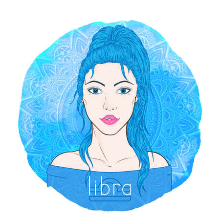 Astrology card with zodiac sign Libra and beautiful woman portrait on a decorative watercolor background with pattern. Air element. Vector illustration.のイラスト素材