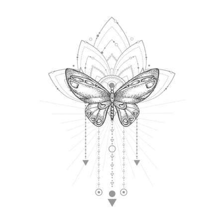 Vector illustration with hand drawn butterfly and Sacred geometric symbol on white background. Abstract mystic sign. Black linear shape.のイラスト素材