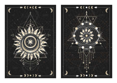 Vector dark illustrations with sacred geometry symbols, grunge textures and frames. Images in black, white and gold.のイラスト素材