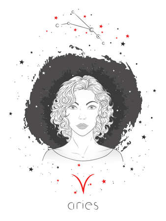 Aries zodiac sign and constellation. Vector illustration with a beautiful horoscope symbol girl on grunge background.のイラスト素材