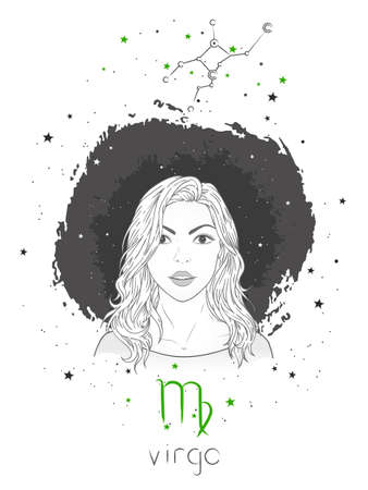 Virgo zodiac sign and constellation. Vector illustration with a beautiful horoscope symbol girl on grunge background.のイラスト素材