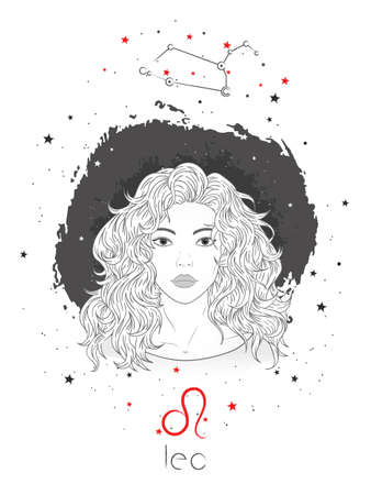 Leo zodiac sign and constellation. Vector illustration with a beautiful horoscope symbol girl on grunge background.のイラスト素材