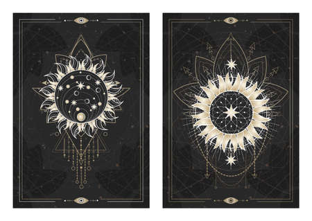 Vector dark illustrations with sacred geometry symbols, grunge textures and frames. Images in black, white and gold.のイラスト素材