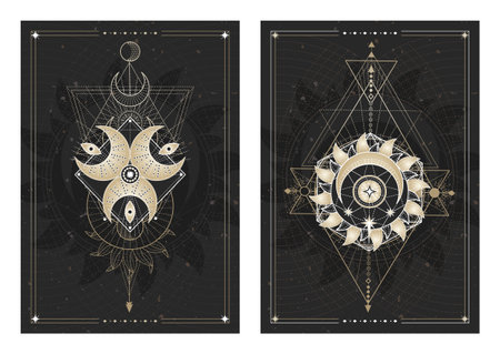 Vector dark illustrations with sacred geometry symbols, grunge textures and frames. Images in black, white and gold.のイラスト素材