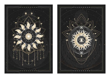 Vector dark illustrations with sacred geometry symbols, grunge textures and frames. Images in black, white and gold.のイラスト素材