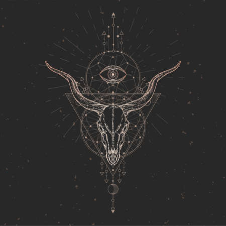 Vector illustration with hand drawn Antelope skull and Sacred geometric symbol on black vintage background. Abstract mystic sign. Gold linear shape. For you design and magic craft.のイラスト素材