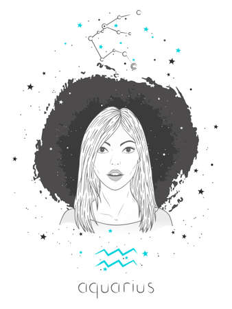 Aquarius zodiac sign and constellation. Vector illustration with a beautiful horoscope symbol girl on grunge background.のイラスト素材