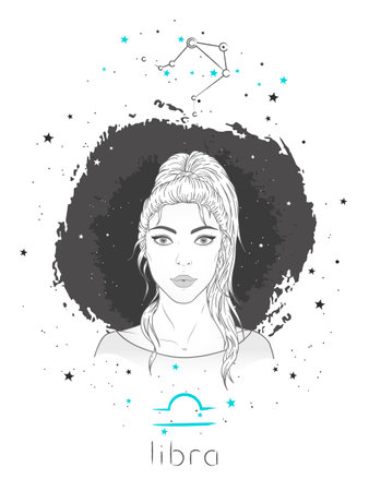 Libra zodiac sign and constellation. Vector illustration with a beautiful horoscope symbol girl on grunge background.のイラスト素材