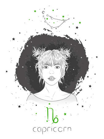 Capricorn zodiac sign and onstellation. Vector illustration with a beautiful horoscope symbol girl on grunge background.のイラスト素材