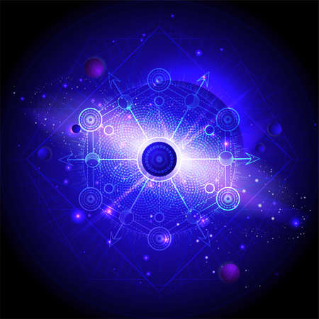 Illustration of Sacred geometric symbol against the space background with planets and stars. Mystic...