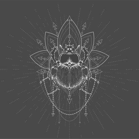 Vector illustration with hand drawn Scarab and Sacred geometric symbol on black background. Abstract mystic sign. White linear shape. For you design, tattoo or magic craft.のイラスト素材