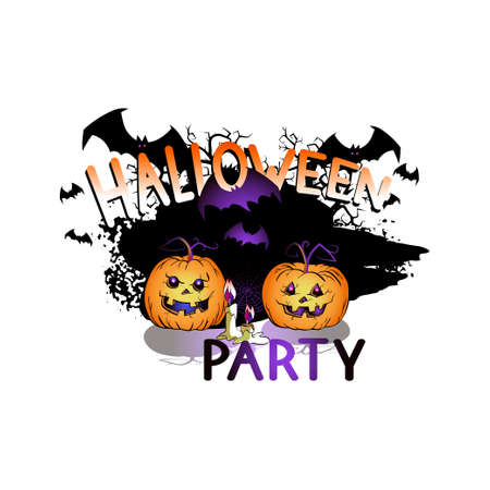 Vector Illustration with smiling Pumpkins, bats, web and lettering Halloween party on a white background. Cartoon style.のイラスト素材