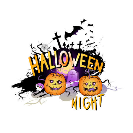 Vector Illustration with smiling Pumpkins, bats and lettering Halloween Night on a white background. Cartoon style.のイラスト素材