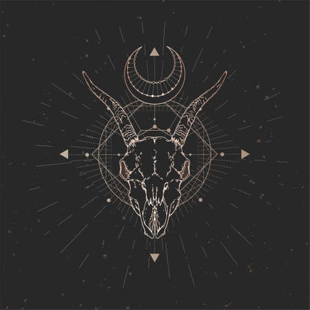 Vector illustration with hand drawn Goat skull and Sacred geometric symbol on black vintage background. Abstract mystic sign. Gold linear shape.のイラスト素材