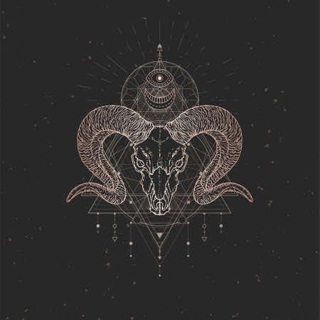 Vector illustration with hand drawn Wild ram skull and Sacred geometric symbol on black vintage background. Abstract mystic sign. Gold linear shape.のイラスト素材