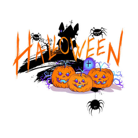 Halloween illustration with cute Pumpkins, spiders and sinister castle on a white background. Cartoon style.のイラスト素材
