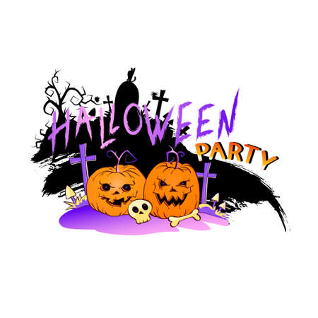 Vector Illustration with smiling Pumpkins, skull and lettering Halloween party on a white background. Cartoon style.のイラスト素材
