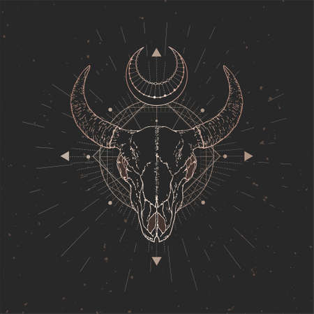 Vector illustration with hand drawn Bull skull and Sacred geometric symbol on black vintage background. Abstract mystic sign. Gold linear shape. For you design and magic craft.のイラスト素材