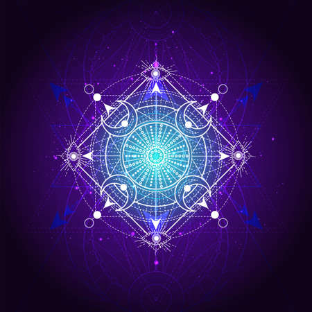 Vector illustration of Sacred geometry symbol on abstract background. Mystic sign drawn in lines. Image in purple color. For you design or magic craft.のイラスト素材