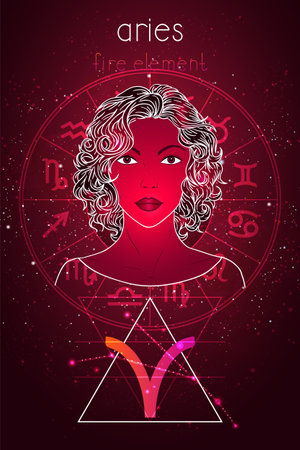Vector illustration of Aries zodiac sign, constellation and portrait beautiful girl on abstract background with horoscope circle. Mysticism, esoteric, astrology. Fire element.のイラスト素材