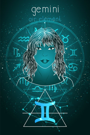 Vector illustration of Gemini zodiac sign, constellation and portrait beautiful girl on abstract background with horoscope circle. Mysticism, esoteric, astrology. Air element.のイラスト素材