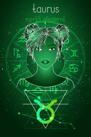 Vector illustration of Taurus zodiac sign, constellation and portrait beautiful girl on abstract background with horoscope circle. Mysticism, esoteric, astrology. Earth element.のイラスト素材