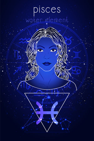 Vector illustration of Pisces zodiac sign, constellation and portrait beautiful girl on abstract background with horoscope circle. Mysticism, esoteric, astrology. Water element.のイラスト素材