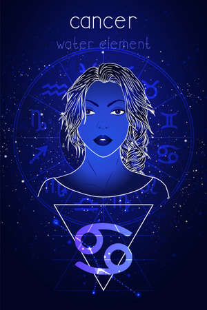 Vector illustration of Cancer zodiac sign, constellation and portrait beautiful girl on abstract background with horoscope circle. Mysticism, esoteric, astrology. Water element.のイラスト素材
