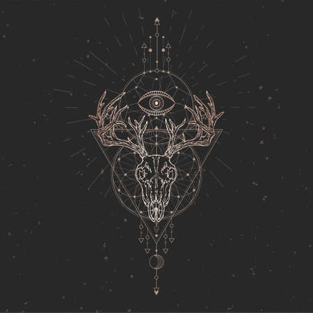 Vector illustration with hand drawn Deer skull and Sacred geometric symbol on black vintage background. Abstract mystic sign. Gold linear shape.のイラスト素材