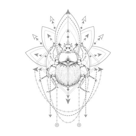 Vector illustration with hand drawn scarab and Sacred symbol on white background. Abstract mystical sign. black linear shape.のイラスト素材