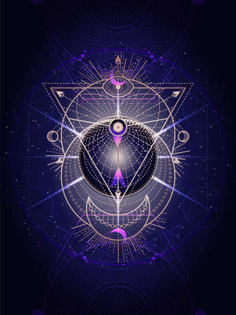 Vector illustration of Sacred geometry symbol on abstract background. Mystic sign drawn in lines. Image in blue color. For you design or magic craft.のイラスト素材