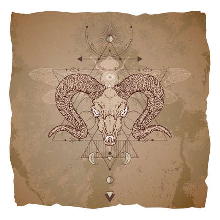 Illustration with hand drawn ram skull, dragonfly and Sacred geometric symbol on vintage paper background with torn edges. Abstract mystical sign. Image in sepia color.の写真素材