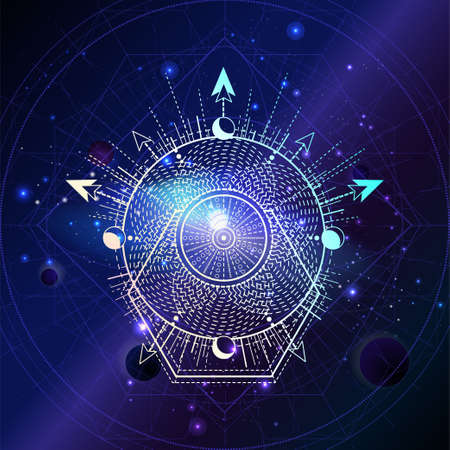 Vector illustration of Sacred geometric symbol against the space background with planets and stars. Mystic sign drawn in lines. Image in purple color.のイラスト素材